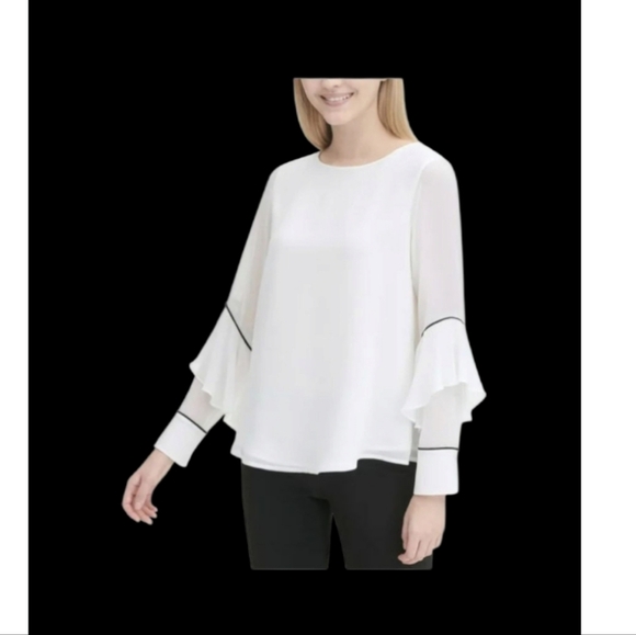 Calvin Klein Women's Ruffle Sleeve Blouse, White, Oversized Calvin Klein Pullove - Picture 1 of 7